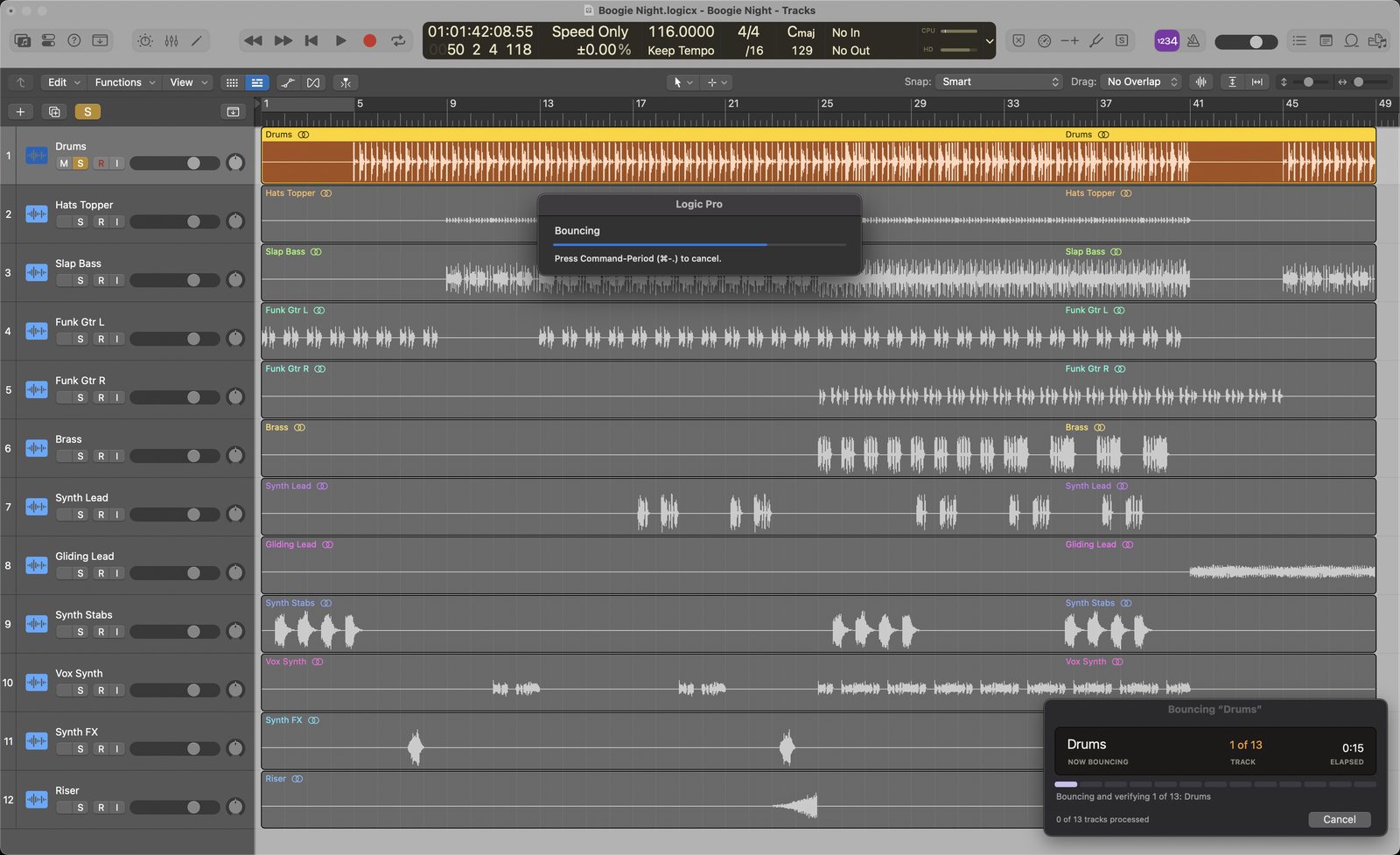 Logic bouncing each track of a 12-track session in turn, with Stem Buddy's progress panel counting 1 to 12 of 13.