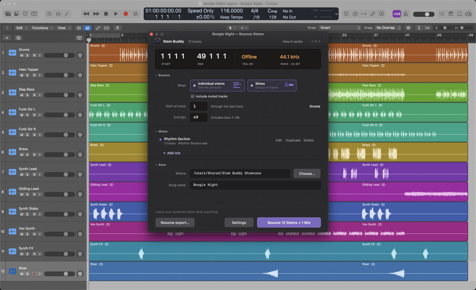 Stem Buddy's export window open over a 12-track Logic session, set to bounce 12 stems and 1 mix.