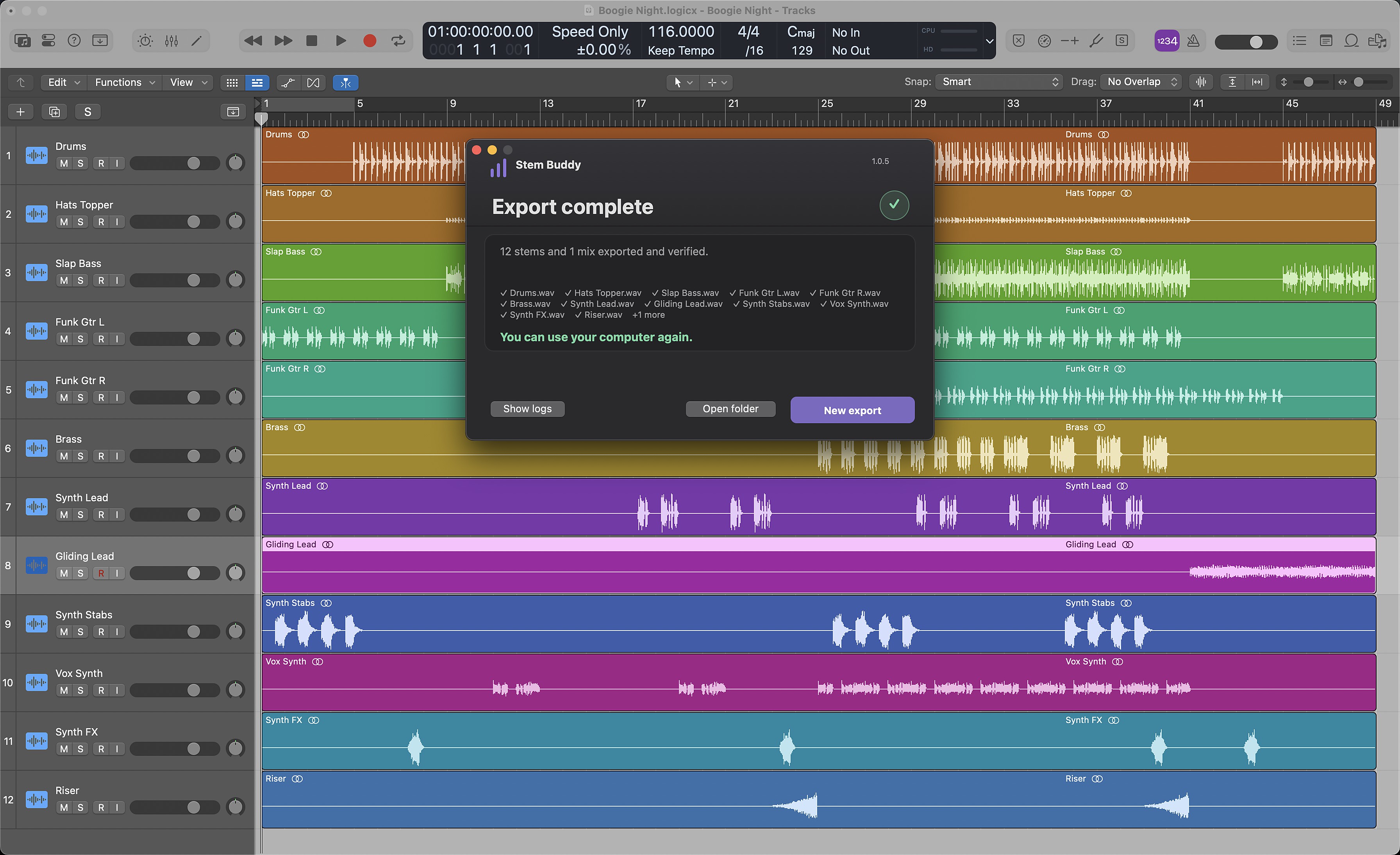 Stem Buddy's Export complete window over the Logic session: 12 stems and 1 mix exported and verified.